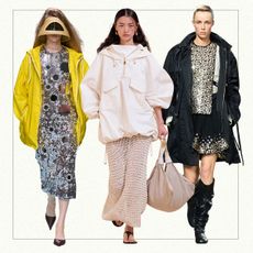 A collage against an off-white background showing photos of models from the S/S 25 runway season wearing sporty jackets with formal dresses.