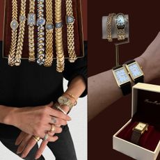 A collage of photos of gold watches, including styles from Heaven Mayhem, Piaget, Seiko, and Bulgari.