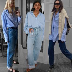 collage of three fashion influencers including Christie Tyler, Monikh Dale, and Débora Rosa wearing chic outfits with blue button-down shirts and jeans